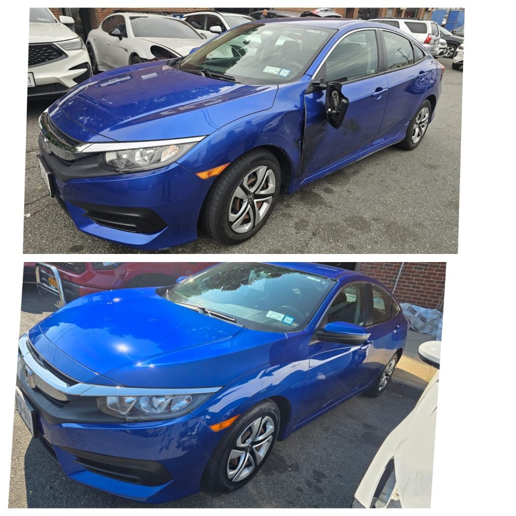 Blue Honda Civic before and after driver-side door and mirror collision repair