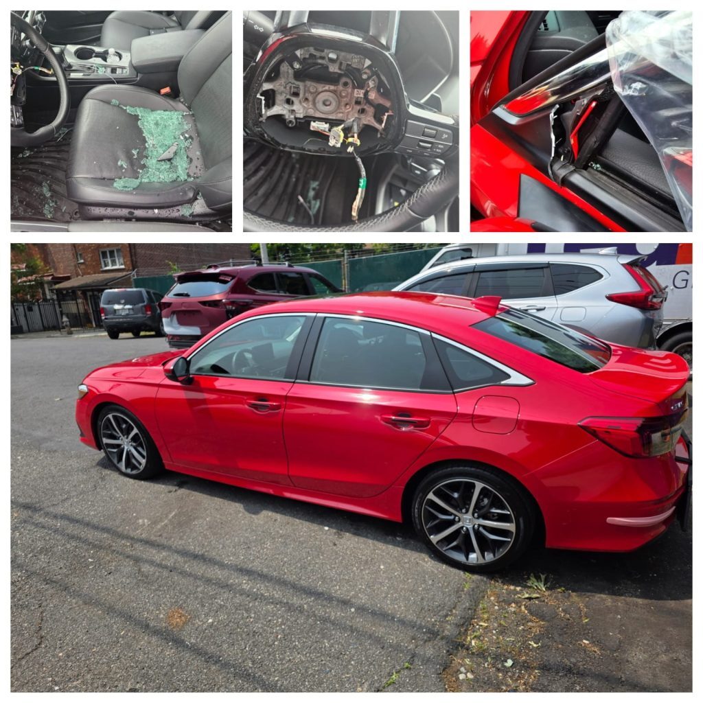 Red Honda Civic before and after break-in damage repair including glass and interior at Universe Auto Body