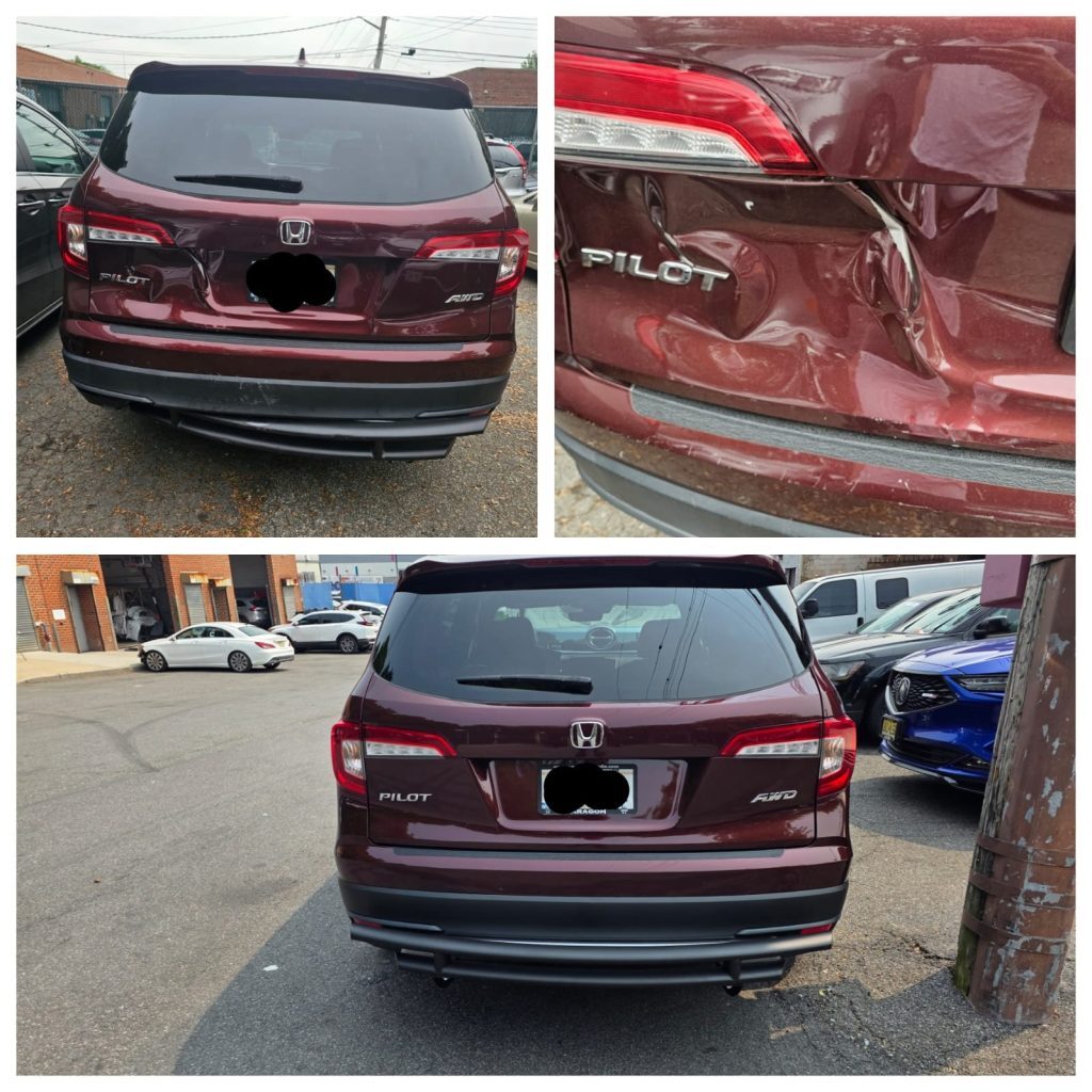 Maroon Honda Pilot before and after rear tailgate collision repair at Universe Auto Body