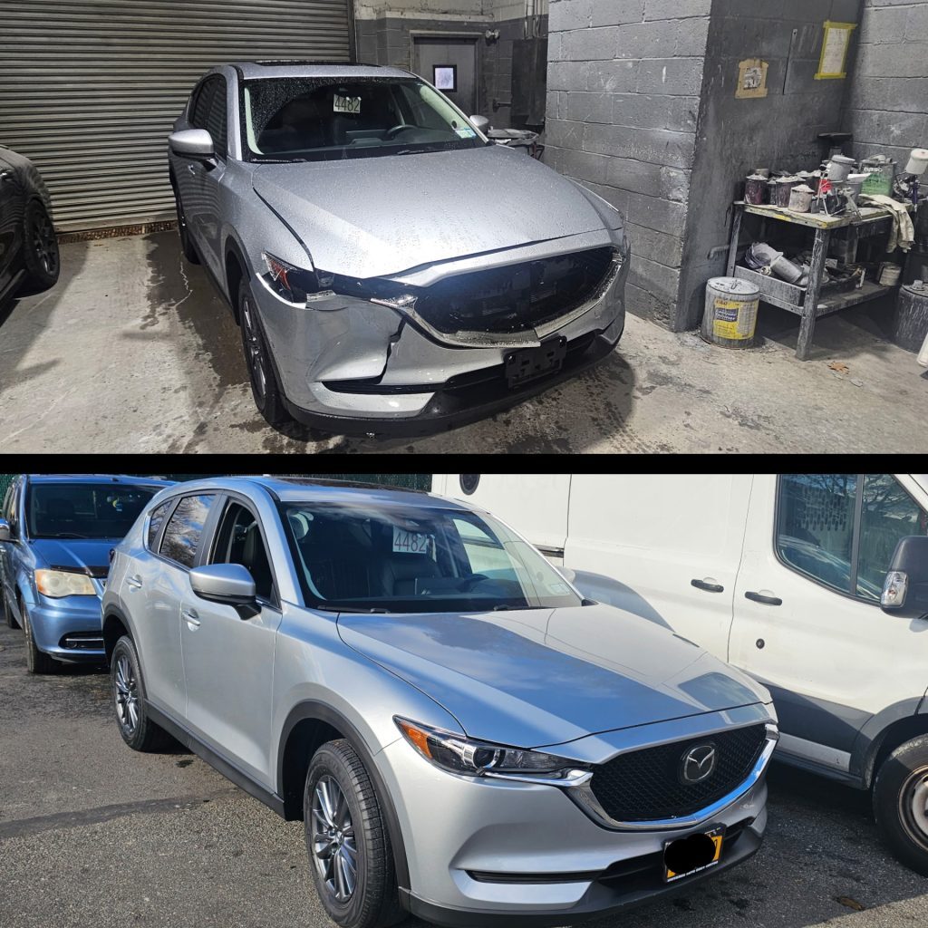 Silver Mazda CX-5 before and after front-end collision repair at Universe Auto Body, Bronx NY