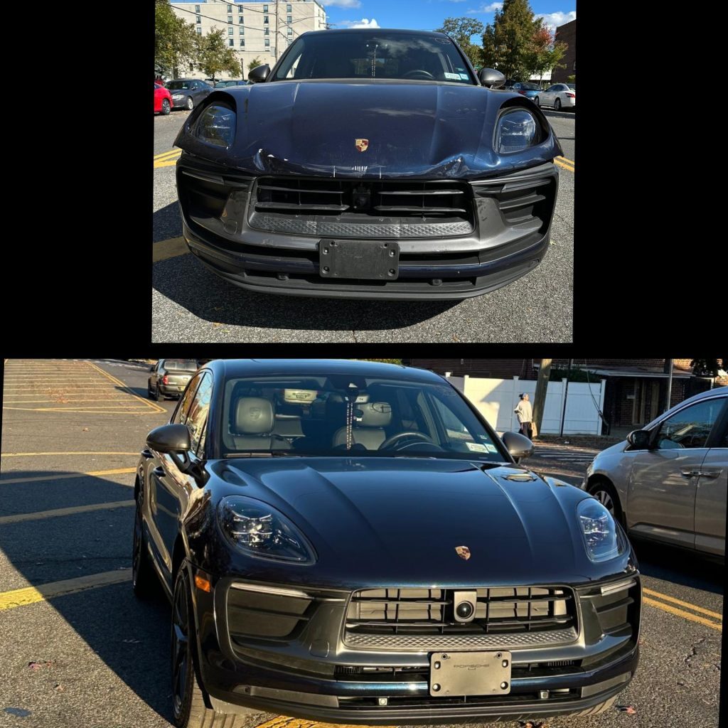 Dark blue Porsche Macan before and after front-end collision repair at Universe Auto Body, Bronx NY